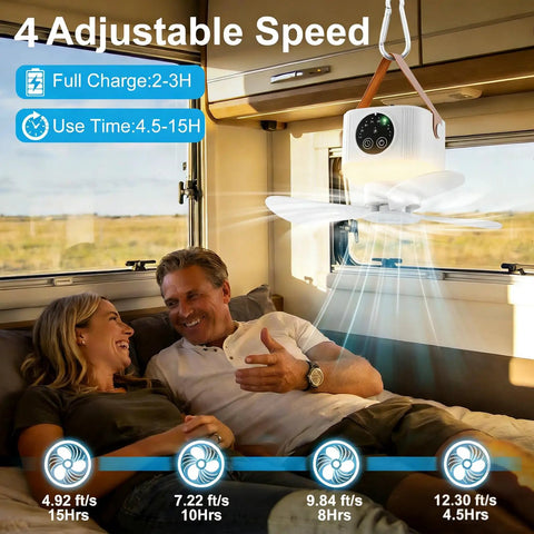 Portable Camping Fan With LED Lights And Remote, 9.25 Inch Wireless Rechargeable Tent Ceiling Fan With Timer, 4 Speeds And Brightness Control For Canopy, Beach, RV, Car, Camper, Outdoor And Indoor Use shown in an RV.