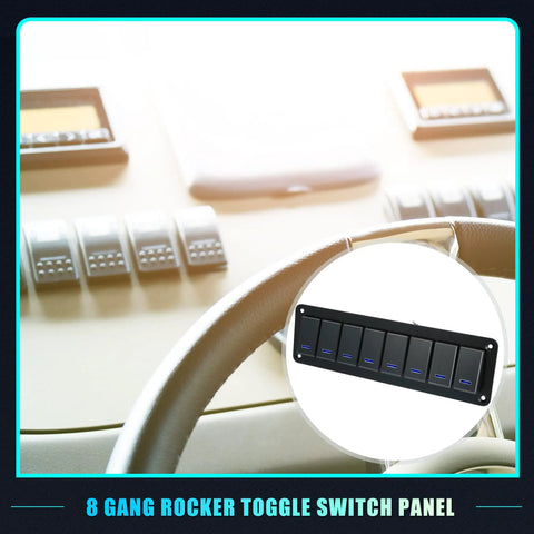 Dashboard with inset image of Eight Gang Rocker Switch Panel With Three Pin On Off Prewired Toggle Control Waterproof Aluminum Alloy Panel