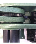 Close-up of Heavy Duty Manual PET Strapping Machine With Reinforced Steel Banding Tool Tensioner gears and handles for packaging.