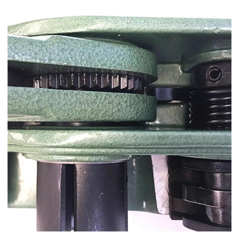Close-up of Heavy Duty Manual PET Strapping Machine With Reinforced Steel Banding Tool Tensioner gears and handles for packaging.