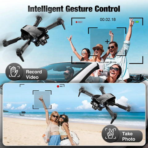 1080P HD Camera Drone For Beginners And Kids Adults Foldable RC Quadcopter taking aerial photos and videos on a beach with gestures.