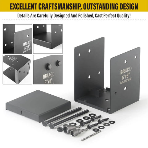 Heavy Duty Stainless Steel Deck Post Base And Anchor Bracket For Fences And Railings Porches Pavilions Concrete Support Base 6x6 Actual 5.5x5.5 In Dark Gray Finish 4 Pack shown with hardware