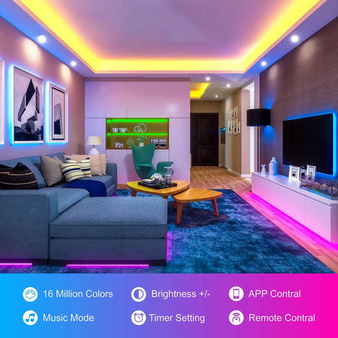 Living room with LED Strip Lights for Bedroom 100ft Bluetooth App Control with 44 Key IR Remote Music Sync Color Changing