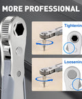 Close-up of 30in1 Right Angle Screwdriver Kit with 36-Tooth Mini Ratchet Wrench showing tightening and loosening directions.