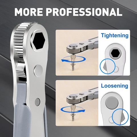Close-up of 30in1 Right Angle Screwdriver Kit with 36-Tooth Mini Ratchet Wrench showing tightening and loosening directions.