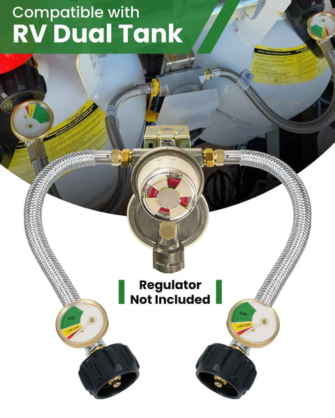 15 Inch RV Propane Hose With Gauge Stainless Steel Camper Heavy Duty Gas Hose For RV Two Stage Regulator 1 Quarter Inch Male NPT And QCC1 Fittings 350 PSI Two Pack, shown with RV dual tank compatibility and gauge detail