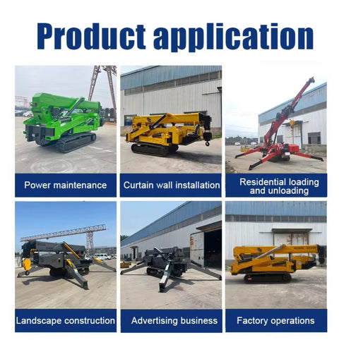 Various applications of Badass Compact Crawler Crane 1.5 Ton 3 Ton Hydraulic Telescopic Lift in construction, maintenance, and loading.