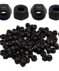 Hella Solid M4 x 0.7mm Nylon Insert Hex Lock Nuts 100 Pc Pack showing bulk black nuts with blue nylon collars.