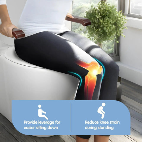 Person using Rock Solid Toilet Safety Rails For Seniors With Flip Up Armrest Handles on standard toilet for support.