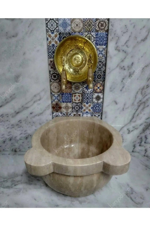 Travertine Marble Sink Basin 15.7 x 15.7 x 8.7 inches Stone Vessel for Bathroom Vanity Countertop Ecru Color view from the side.