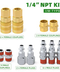 Air Hose Fittings Kit 1/4 Inch NPT Quick Connect Coupler And Plug Set I M Type 14 Pieces For Air Compressors