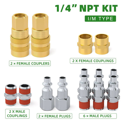 Air Hose Fittings Kit 1/4 Inch NPT Quick Connect Coupler And Plug Set I M Type 14 Pieces For Air Compressors