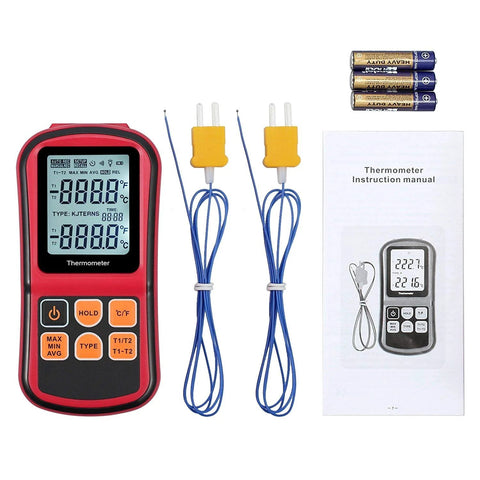Front view: red Kamtop digital thermometer with two K-type probes, backlit LCD, three AA batteries, and manual