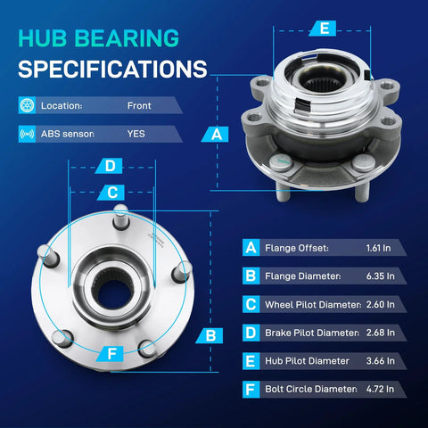 Front Wheel Hub And Bearing Assembly 513296 Replacement For 2007 2018 Altima 2009 2021 Maxima specs with dimensions