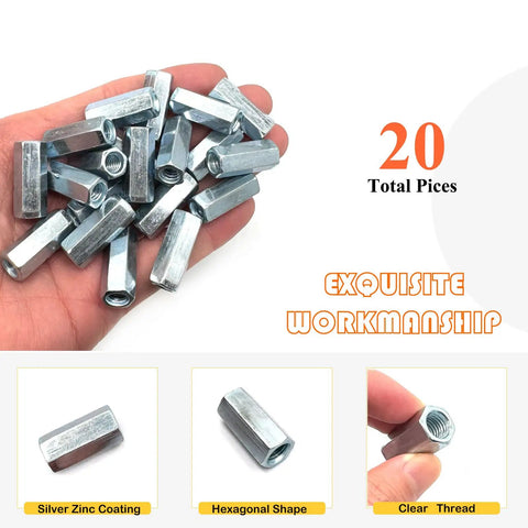 Twenty Pack One Quarter Inch Twenty Thread Hex Coupling Nuts Zinc Plated Heavy Duty Extended Hexagon Rod Connectors in hand