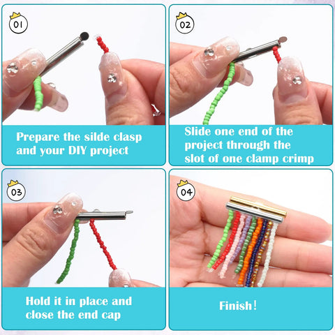 Steps showing use of All Size Slider Clasp Jewelry Making Kit with beading tube ends and findings in silver for DIY projects.