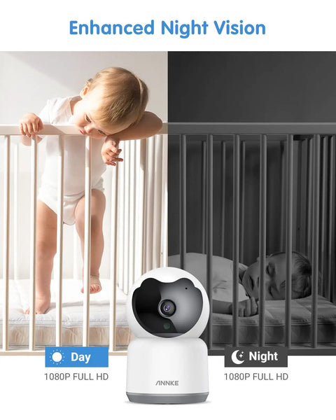 2K Indoor Pet Camera With 360 Pan Tilt WiFi Camera showing day and night vision monitoring of a baby in a crib, 1080P full HD.