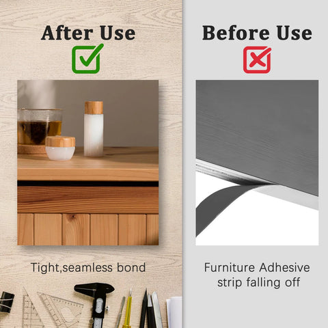Edge banding iron before/after use comparison on wooden cabinet edge showing seamless bond.