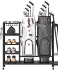 Two Bag Golf Storage Organizer With Wheels For Your Garage Or Basement, Golf Bag Stand And Gear Rack With Four Shelves And Five S Hooks