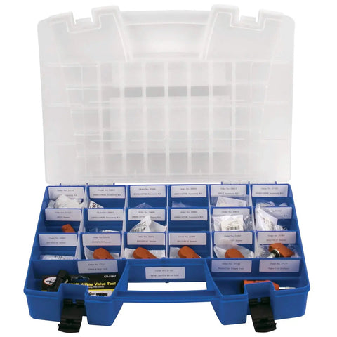 Multi Compartment Hardware And Crafts Portable Organizer Storage Case With Sturdy Handle For Grab And Go Use Fits Tools And Small Parts Securely In Blue 18 By 13 By 4 Inches Upright Or Flat Stand Design For Easy Transport, featuring rows of compartments with a clear lid.