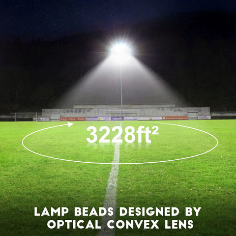 Night view of stadium with illuminated field by Led Stadium Flood Light Outdoor 36000 Lumen 1500W Equivalent Ultra Bright.