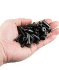 Close-up of a hand holding 40 Sets Black M6 Bolts And Nuts Cap Nuts Assortment Kit with metallic black finish for hardware replacement.