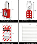 Lockout Tagout Station Kit With 14 Numbered Locks And Keys, 30 Tags, 30 Nylon Cable Ties, Heavy Duty Acrylic Board, Pro Grade Safety Lockout System, Yellow Station, showing padlock, lockout hasp, tag, and cable tie.