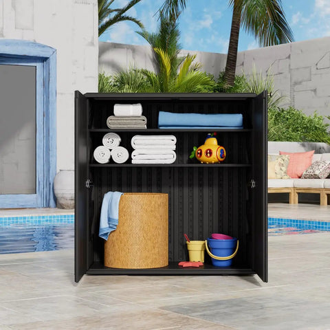 All Weather 62 Gallon Resin Deck Box For Outdoors, Waterproof Storage Cabinet For Patio Cushions, Garden Tools, Pool Gear, And Kids Toys, Black With One Shelf