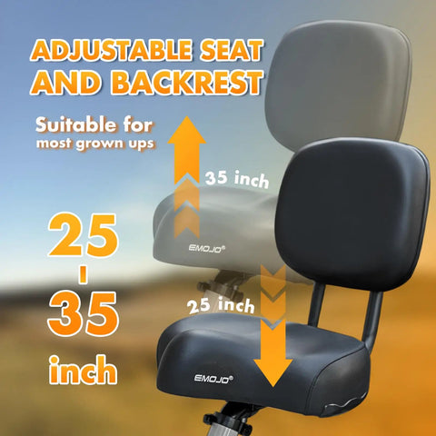 Adjustable seat and backrest for No Fuss Low Step Through Electric Tricycle For Adults With Passenger Bench And Massive Range 500W Torque Motor 7 Speed Shifting Smooth Cruise Trike Plug In And Go Red, 25-35 inches.