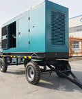 Heavy Duty Container Generator Set Delivering Ultra Rock Solid Backup Electricity For Industrial Power Stations On Large Scale Construction And Commercial Job Sites, side view of trailer-mounted generator.