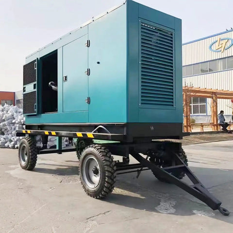 Heavy Duty Container Generator Set Delivering Ultra Rock Solid Backup Electricity For Industrial Power Stations On Large Scale Construction And Commercial Job Sites, side view of trailer-mounted generator.