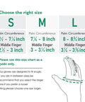 Size chart for Women Gardening Gloves Six Pairs Breathable Rubber Coated, showing measurements for medium, red and mint green.