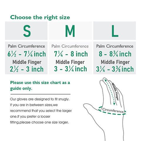 Size chart for Women Gardening Gloves Six Pairs Breathable Rubber Coated, showing measurements for medium, red and mint green.