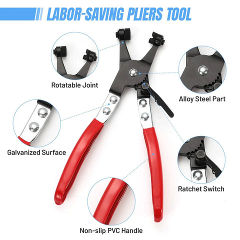 Close-up of pliers from 400-Piece Spring Hose Clamp Set 6-35mm With Pliers, highlighting non-slip PVC handles and alloy steel parts.