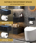 Matte Black Toilet Paper Holder With Shelf And Wipe Dispenser in bathroom, wall mounted, right and left facing options shown.
