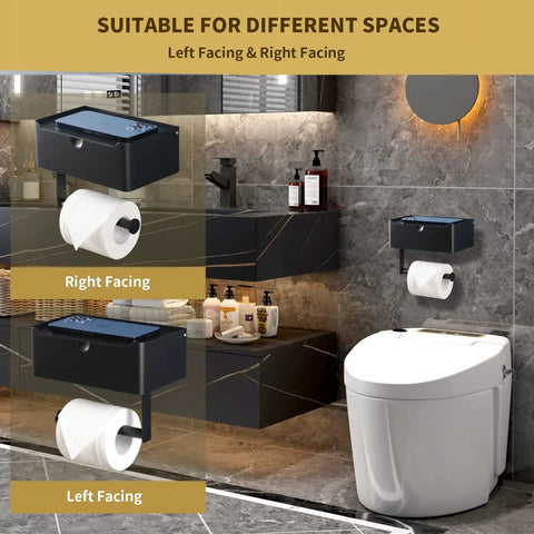 Matte Black Toilet Paper Holder With Shelf And Wipe Dispenser in bathroom, wall mounted, right and left facing options shown.