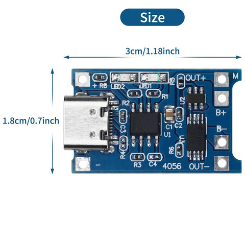 TP4056 Lithium Battery Charging Module And Protection Board With Type C Input 15 Pack, 3cmx1.8cm size, compact design for DIY projects.
