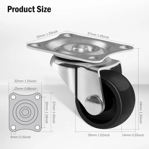 Cofufu 1-inch black plastic caster wheels with mounting plate, low-profile, 4-pack.