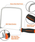 Front view of Coping Saw Kit With Frame And Two Extra Six And A Half Inch Blades, 15TPI High Speed Steel Blades For Woodworking Plastic Rubber And Soft Metal, Easy Tension Adjustment, Lightweight 9.3 Oz Design For Precise Cuts showing heavy-duty steel frame and ergonomic handle.