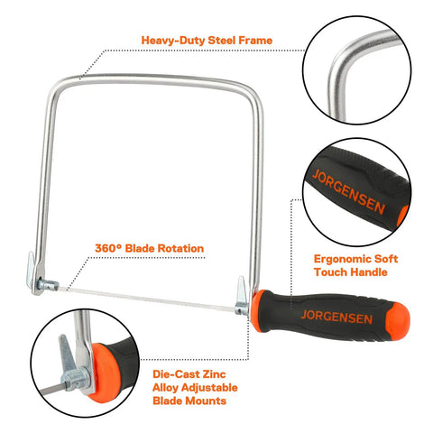 Front view of Coping Saw Kit With Frame And Two Extra Six And A Half Inch Blades, 15TPI High Speed Steel Blades For Woodworking Plastic Rubber And Soft Metal, Easy Tension Adjustment, Lightweight 9.3 Oz Design For Precise Cuts showing heavy-duty steel frame and ergonomic handle.