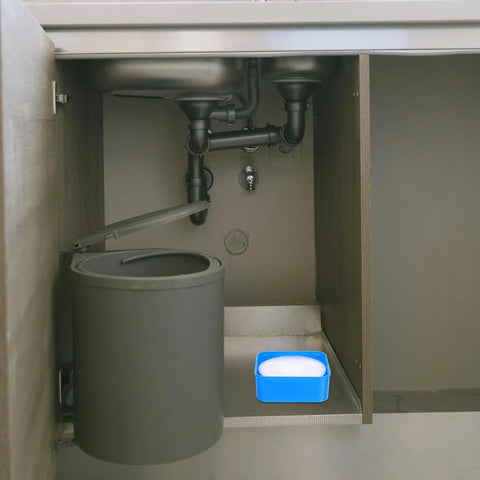 Top Shelf PTFE Adhesive Seal Tape 10 Rolls Of Water Leak Repair Wrap For Pipes And Threads Gonna Save Ya Time With This Ninja Tight DIY Plumbing Fix Daily under kitchen sink with pipes and trash can.
