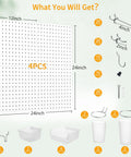 Heavy Duty Metal Pegboard Wall Organizer Kit 74 Piece Set White 24 By 24 Inches For Garage Workshop Craft Room Office And Kitchen Tool Organization Rust Resistant Durable Storage System with included accessories displayed, showing layout of four 12x12 inch panels and hooks.