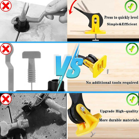 Comparison of different Tile Leveling System Kit With 1/8 Inch Spacers showing correct use of reusable leveler tools and steel T-pins