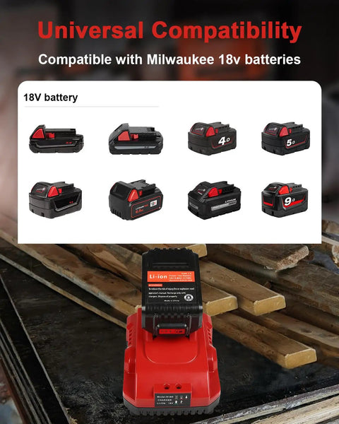 Two Pack 18V 6000mAh Replacement Battery For Milwaukee M18 Tools Long Lasting High Capacity Battery Pack With One Multi Voltage Charger Included Red Power Up For Busy Jobs shown on a table with charger and other battery versions.