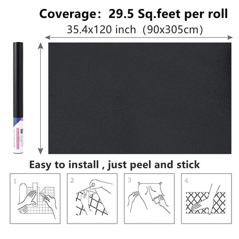 Black Self Adhesive Contact Paper Wallpaper 35.4 X 120 Inches Waterproof Gloss PVC Vinyl shown with installation steps
