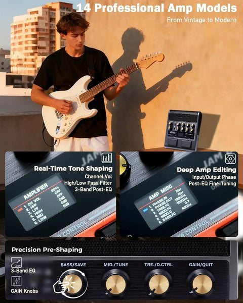 Musician playing electric guitar with Palm Sized 10W Electric Guitar Amp And Multi Effects Pedal, showing 14 amp models and controls