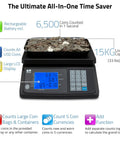 Image of Portable Coin Counting Scale With Battery And Tare Function For Quick Value And Quantity Counts Lets You Track USD EUR CAD GBP Coins, Handles Up To 650 Dollars Or 6500 Coins Or 33 Pounds, Adds Results For Fast Cash Sorting with coins on scale and LCD display