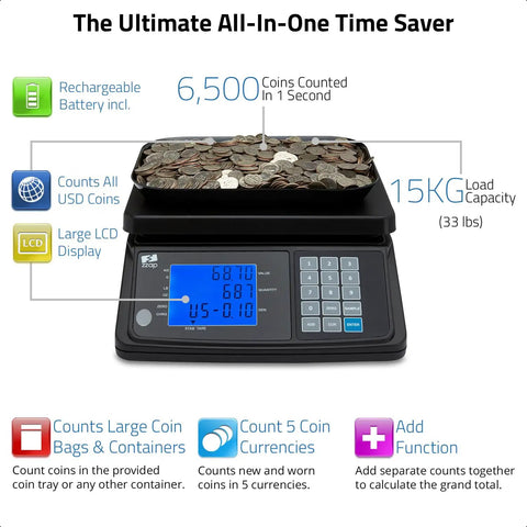 Image of Portable Coin Counting Scale With Battery And Tare Function For Quick Value And Quantity Counts Lets You Track USD EUR CAD GBP Coins, Handles Up To 650 Dollars Or 6500 Coins Or 33 Pounds, Adds Results For Fast Cash Sorting with coins on scale and LCD display