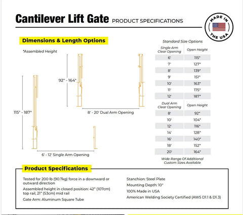 Heavy Duty Cantilever Dock Gate 12 Foot Wide Double Action Slick Pneumatic Struts dimensions and specifications chart.
