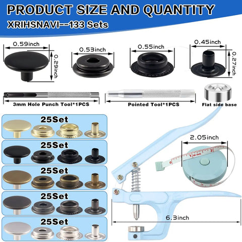 Heavy Duty Snap Fastener Kit 125 Sets In Five Colors For Canvas Tarps Bags Jeans And Boat Covers Durable Stainless Steel 15mm Snap Buttons With Easy Mounting Tools For Quick DIY Install And Repairs, showing contents and dimensions.